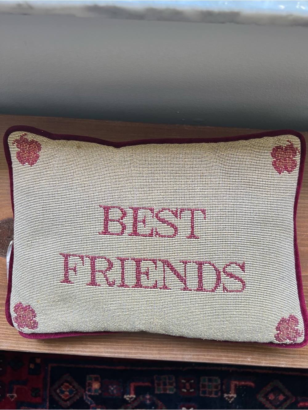 BEST FRIENDS Beige and Burgundy Needlepoint Decorative Pillow